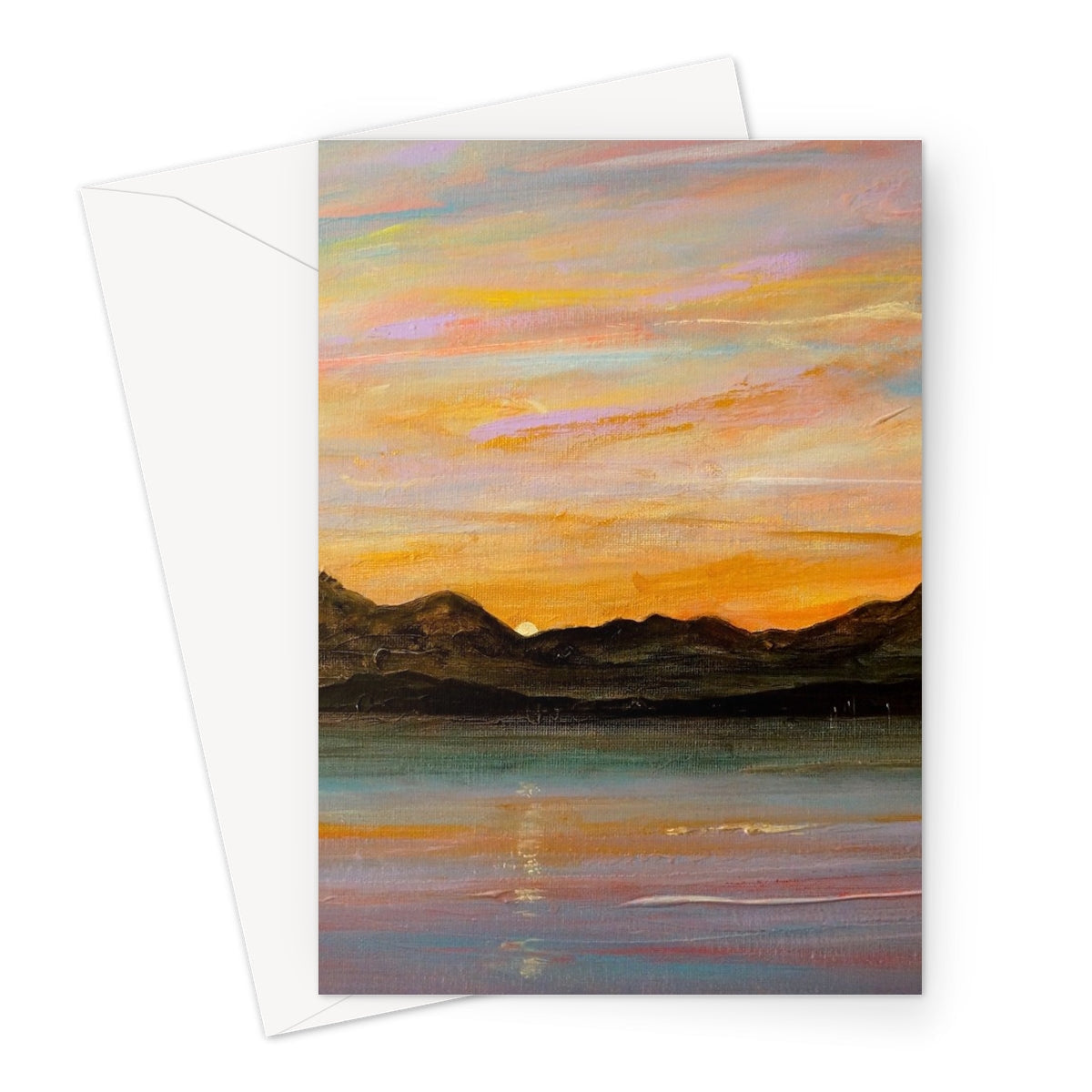 Vibrant landscape painting on The Sleeping Warrior Arran Greeting Card depicting sunset over mountains and water