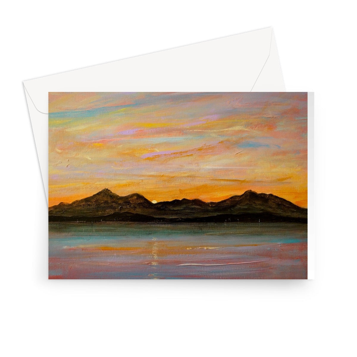 The Sleeping Warrior Arran Greeting Card featuring a vibrant sunset landscape over mountains and water