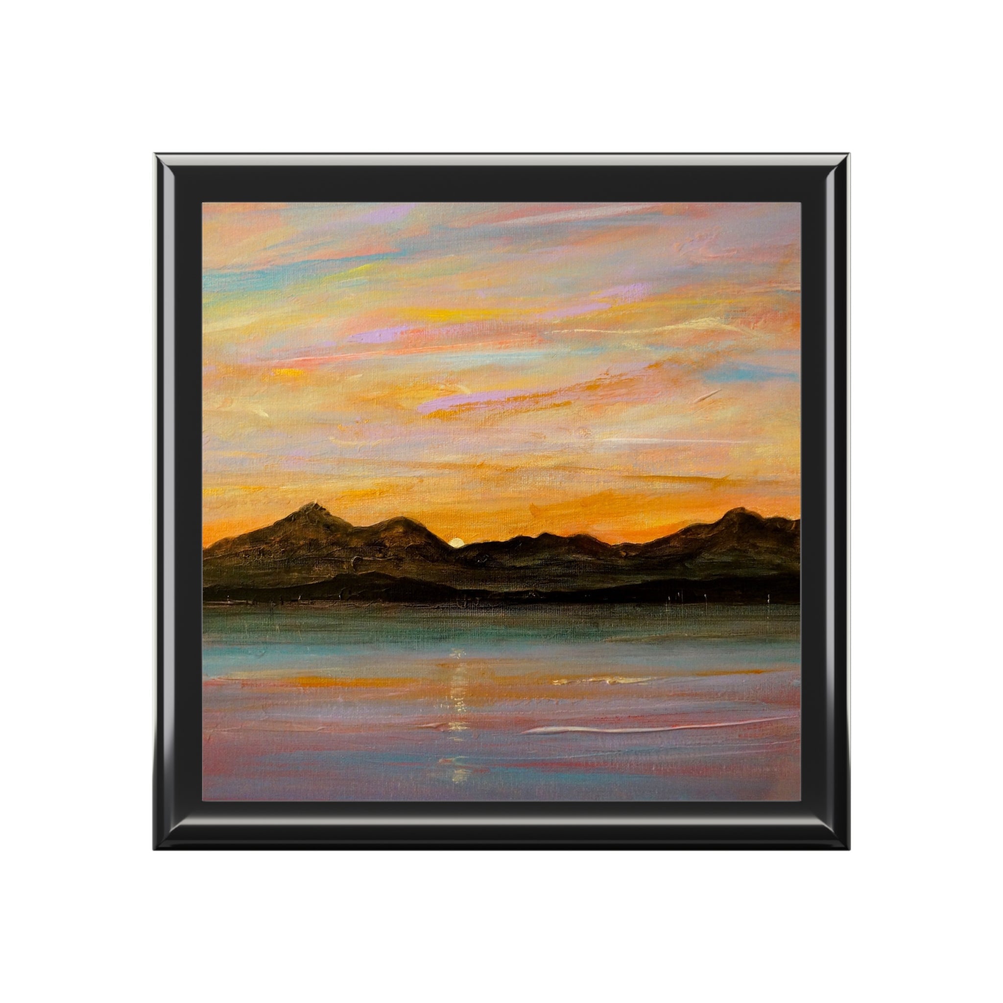 Serene sunset over mountains in The Sleeping Warrior Arran painting, jewelry box