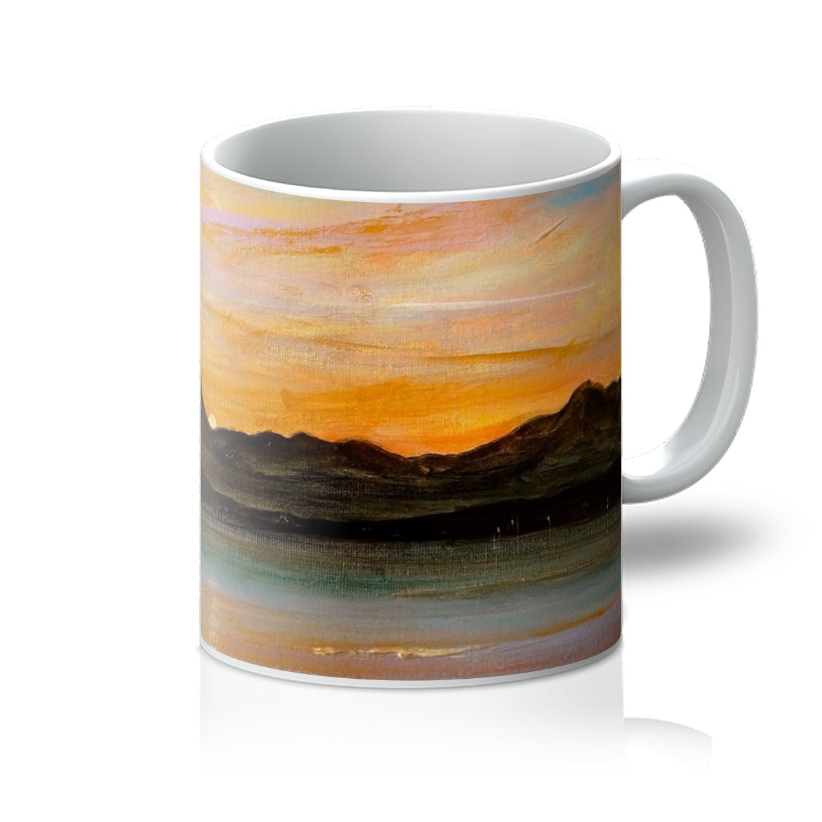 White ceramic Mug featuring an abstract Sunset Landscape painting in The Sleeping Warrior Arran design