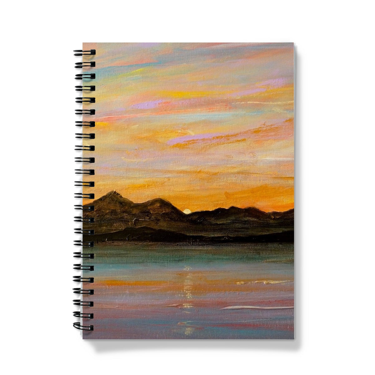 Spiral-bound The Sleeping Warrior Arran Notebook with impressionistic sunset mountain cover
