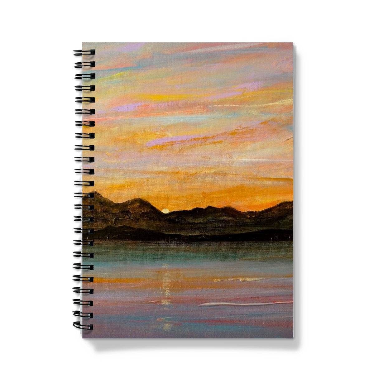 The Sleeping Warrior Arran Notebook with a colorful sunset and lake painting cover