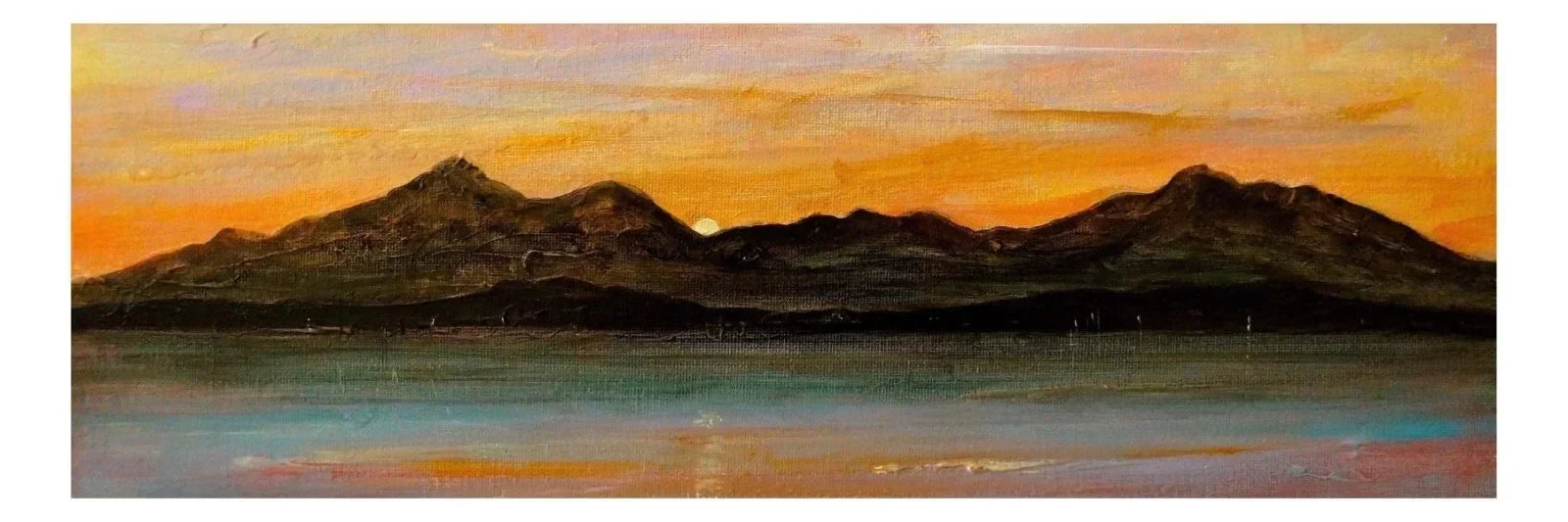 Sleeping Warrior Arran panoramic painting of mountain silhouettes against vibrant orange sky