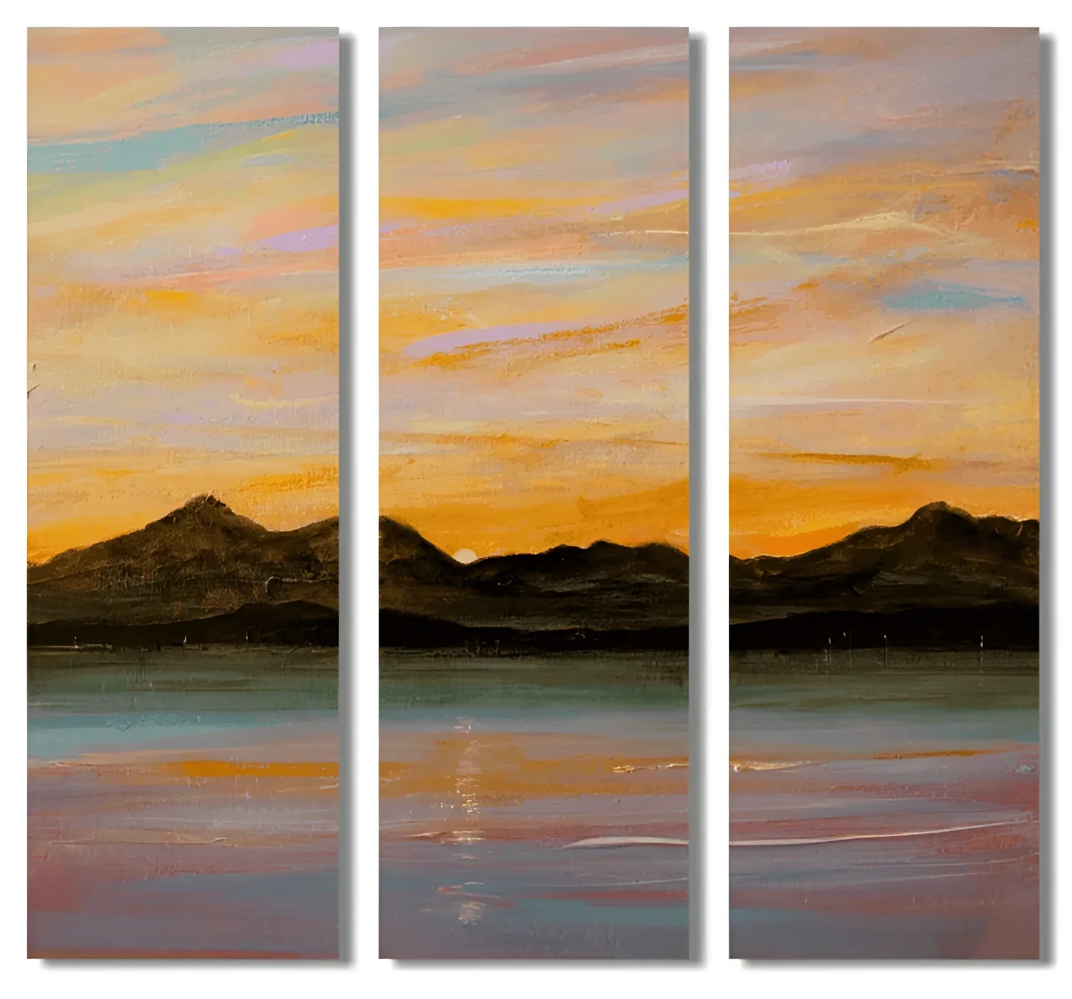 Triptych landscape painting titled Sleeping Warrior Arran, Scottish statement wall art
