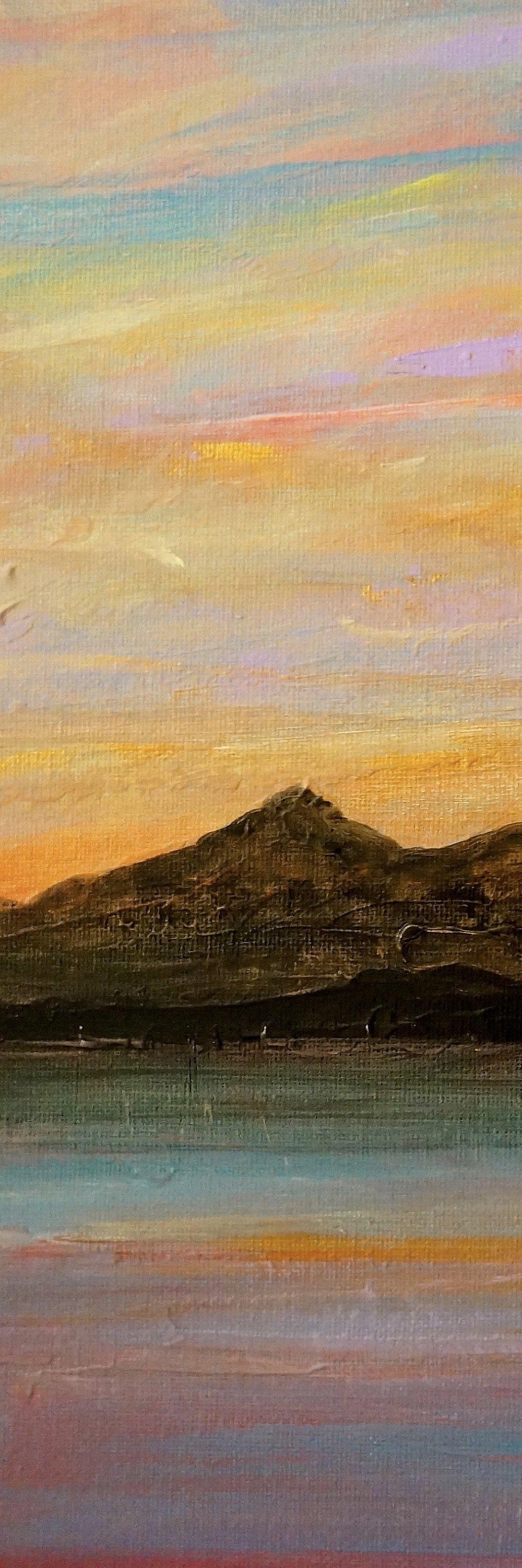 Vibrant oil painting of a sunset over Mountains and Water in Sleeping Warrior Arran Triptych