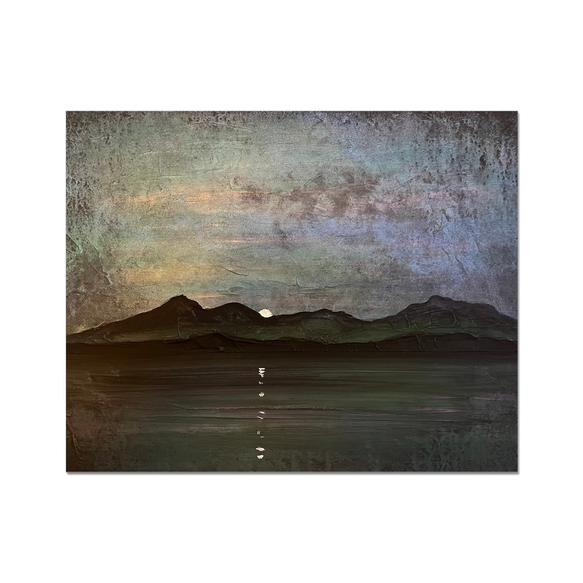Textured painting of a dark mountainous landscape at dusk with moon and water reflection