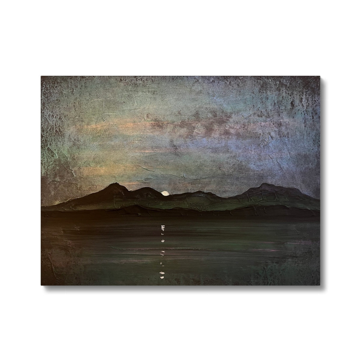 Textured Sunset Over Mountains and Water on Sleeping Warrior Moonlight Arran Canvas