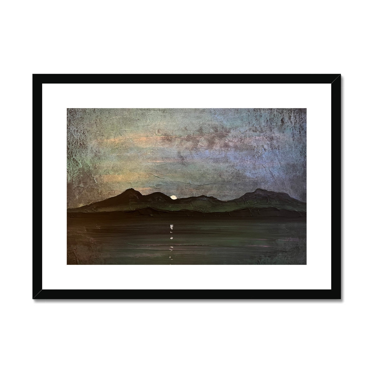 Black framed Sleeping Warrior Moonlight Arran landscape print