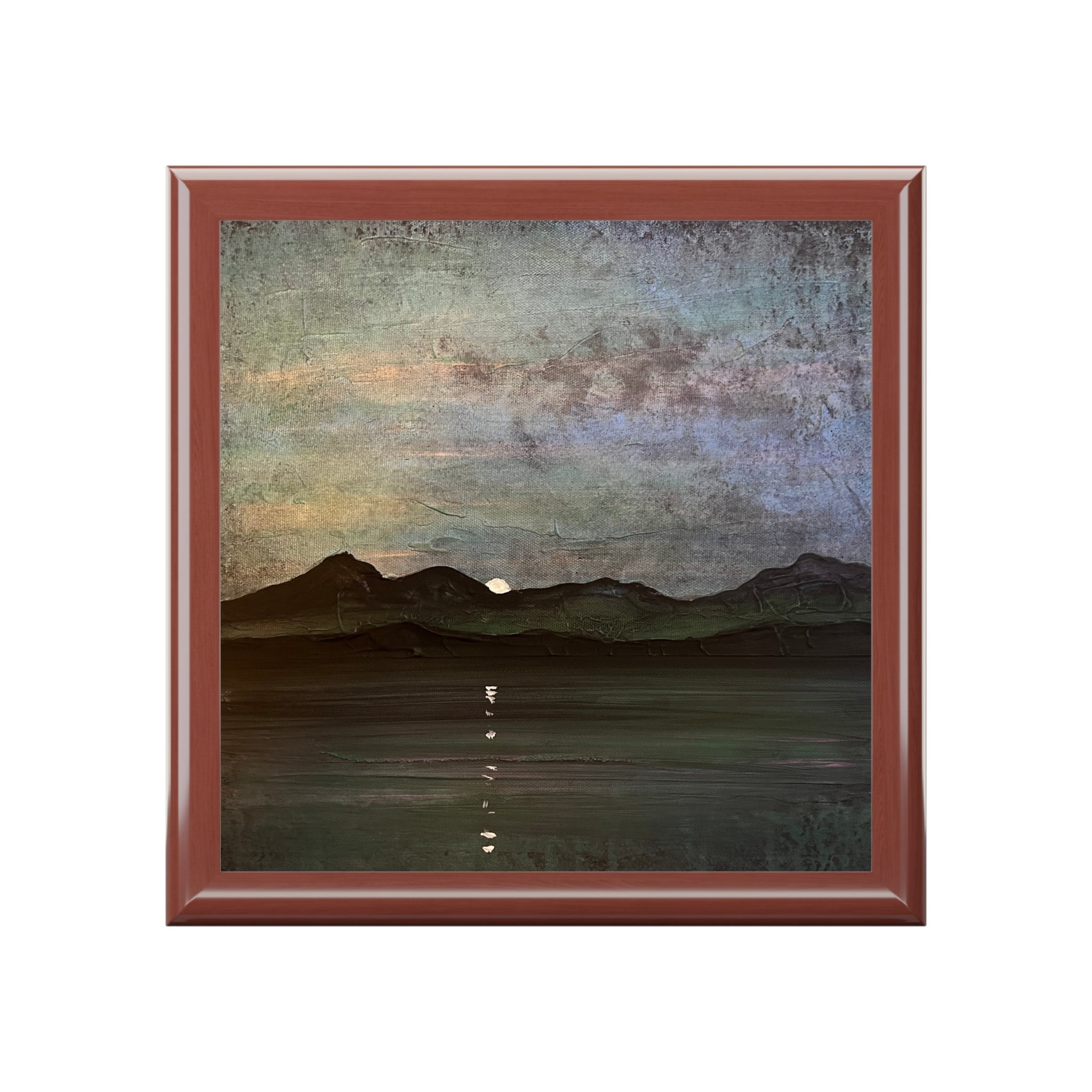 Sleeping Warrior Moonlight Arran square ceramic tile with reddish-brown frame, impressionistic Scottish mountains and water landscape under textured sky