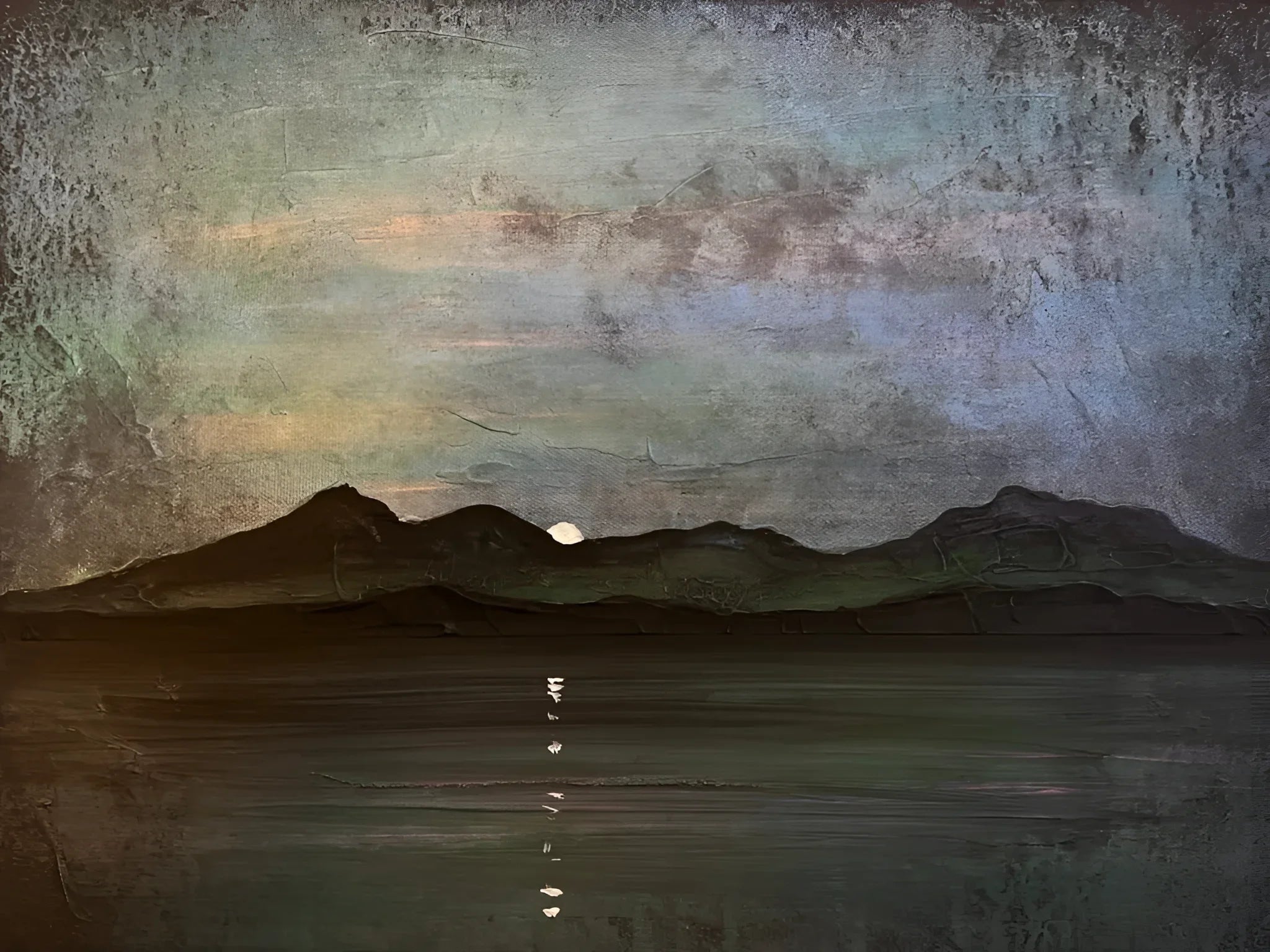 Dark landscape painting with moon from Sleeping Warrior Moonlight Arran Original Painting