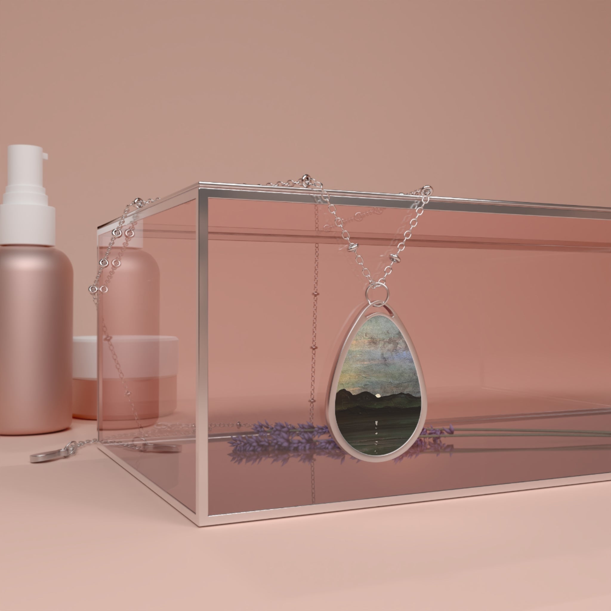 Sterling silver teardrop pendant with hand-painted Scottish landscape scene for Sleeping Warrior Moonlight Arran Necklace