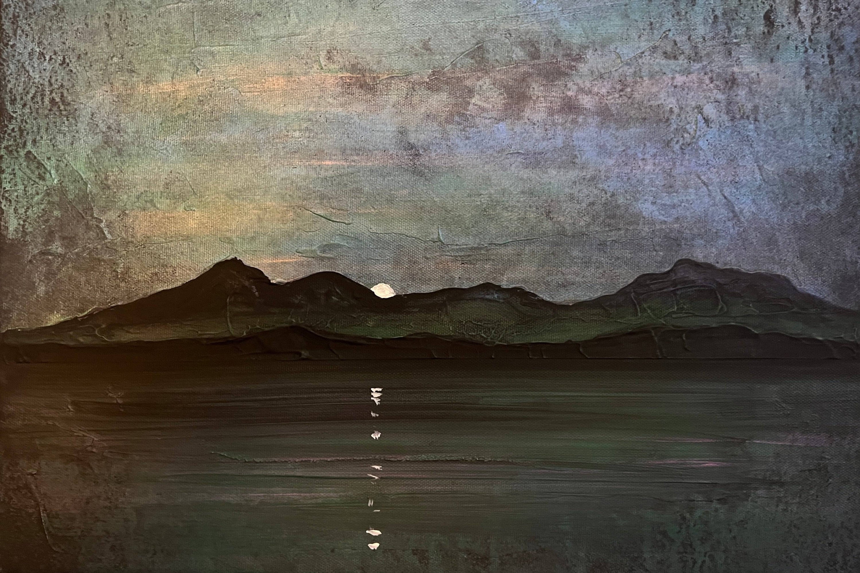 Textured moonlit mountain landscape painting over water in The Sleeping Warrior Moonlight Arran wall art