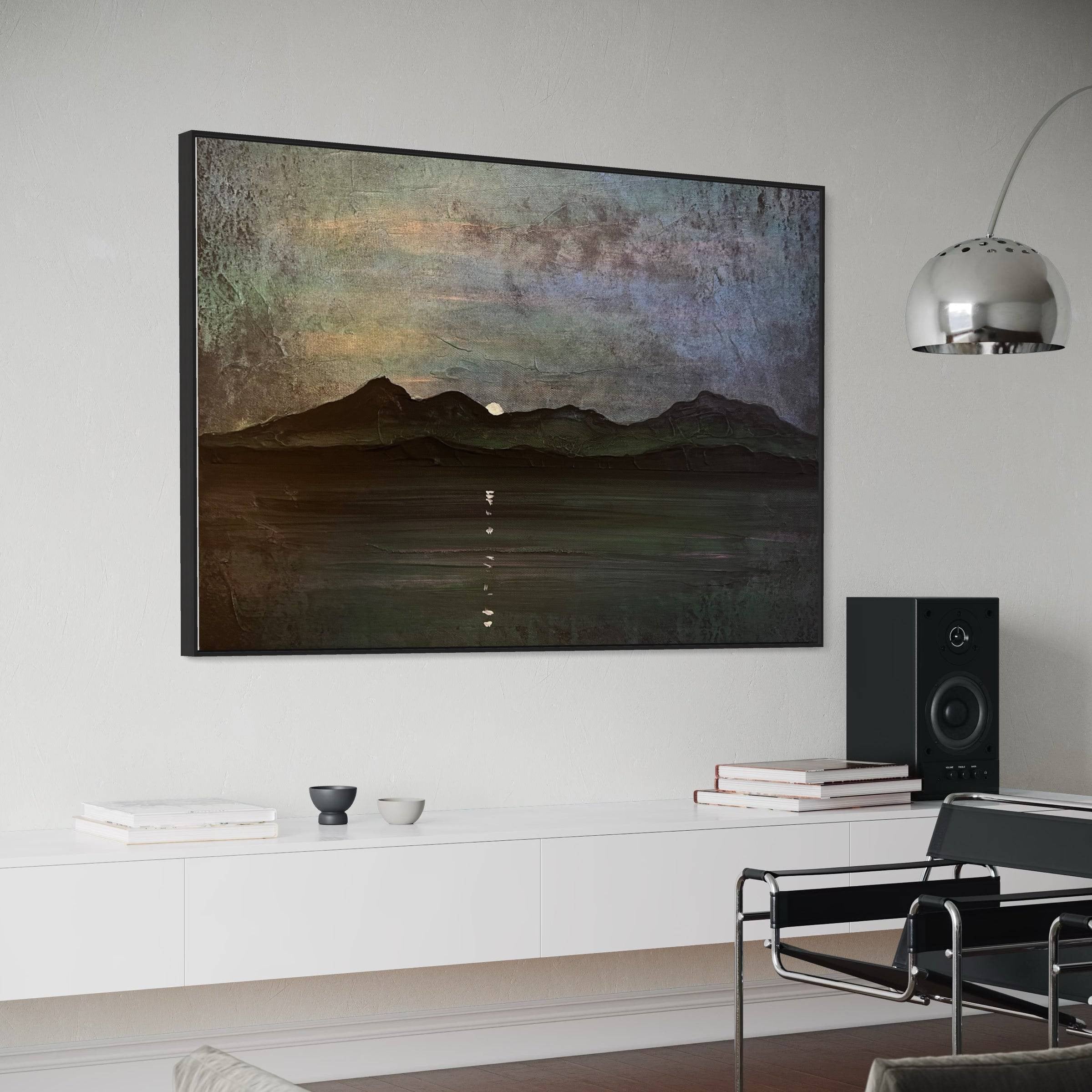 Framed landscape painting of dark sky mountains and reflective water from The Sleeping Warrior Moonlight Arran wall art