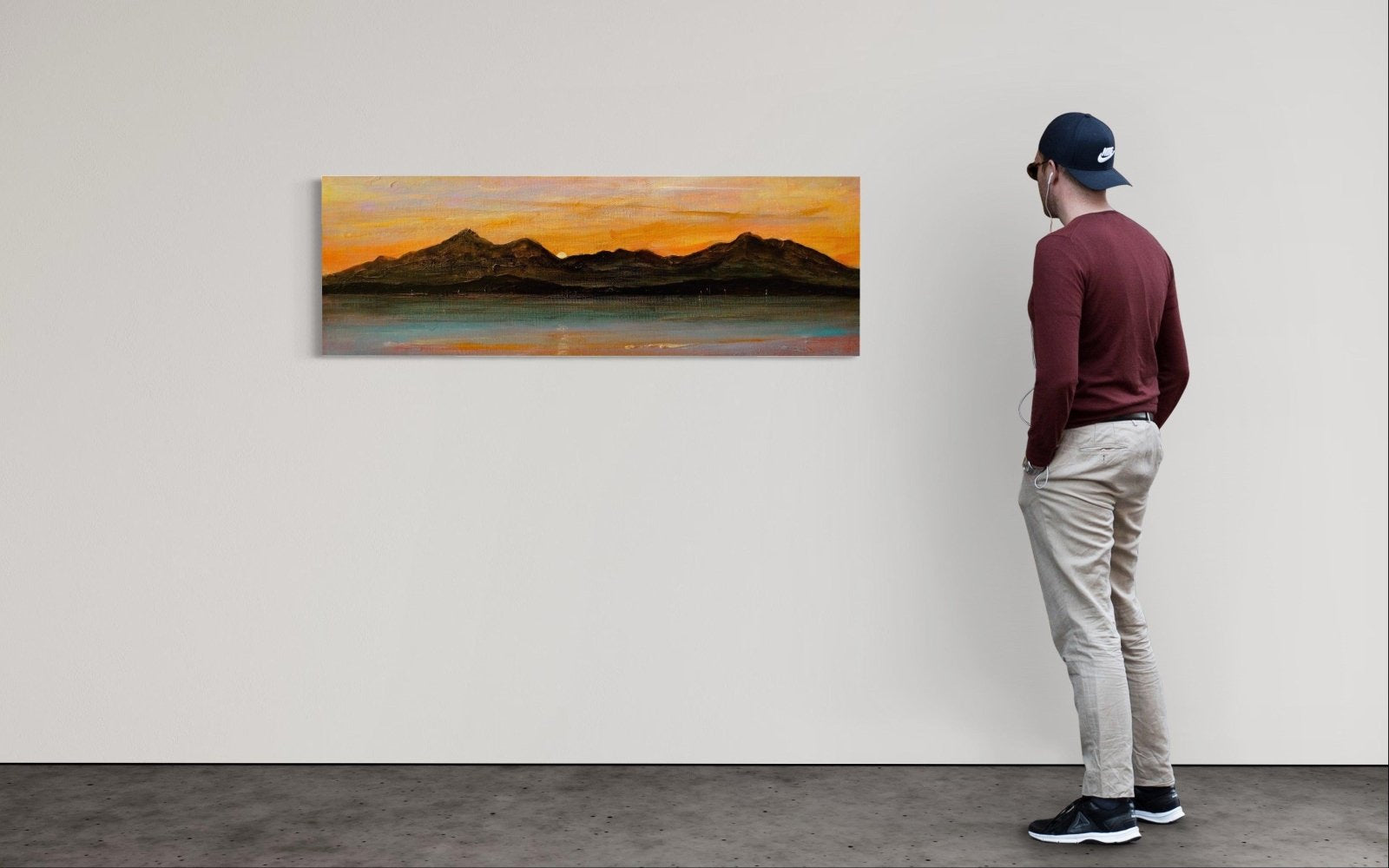 Wide landscape painting of mountains at sunset over water for The Sleeping Warrior wall art