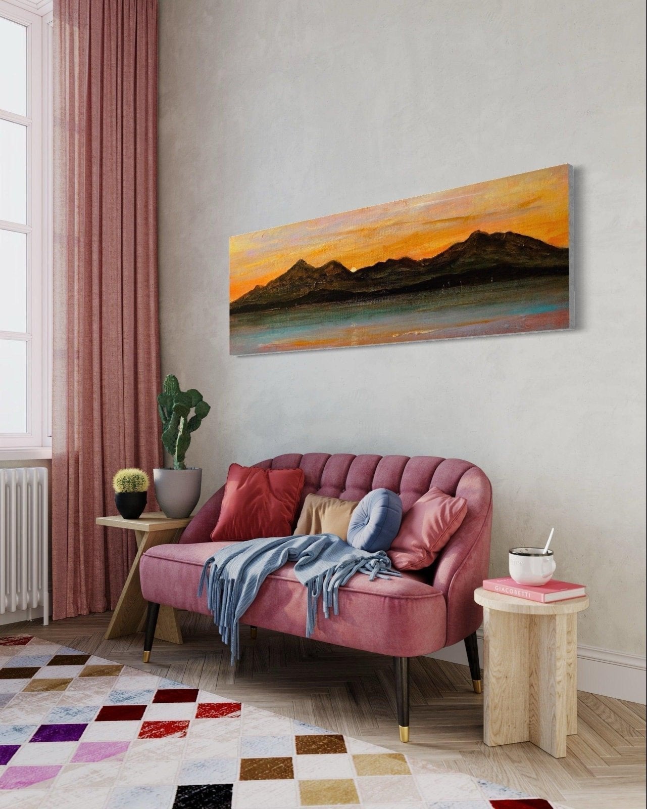 Pink velvet loveseat from The Sleeping Warrior Statement Interior Wall Art Scotland