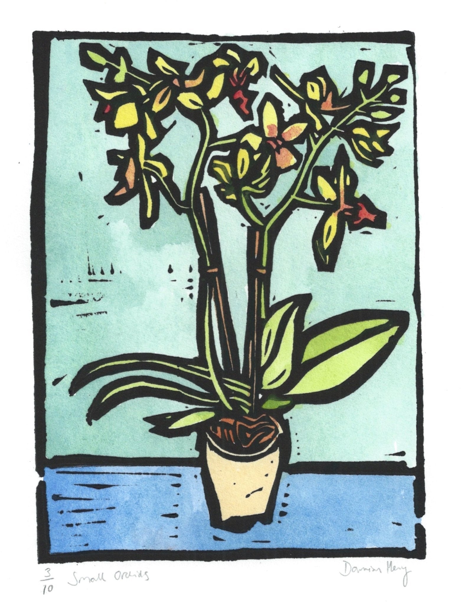 "Small Orchids" Lino Cut Print | Damian Henry Artist Printmaker