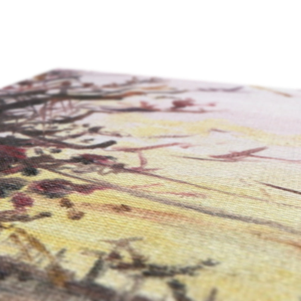 Yellow and pink floral throw pillow on Snow Above Lunderston canvas print