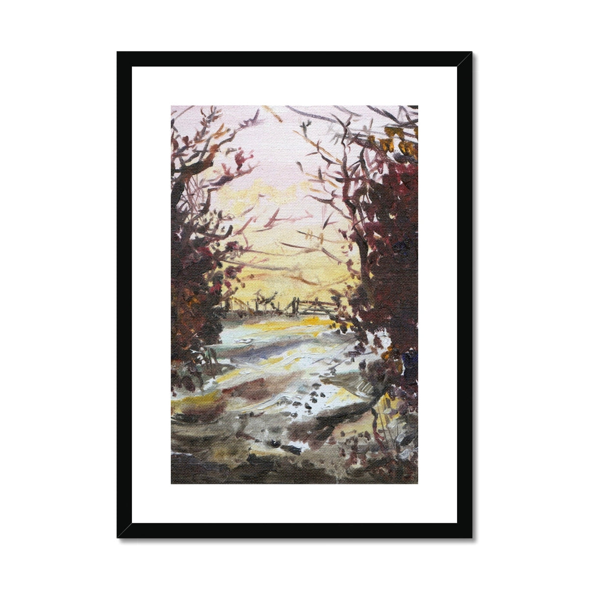 Black framed watercolor winter landscape with bare trees and snow, Snow Above Lunderston print