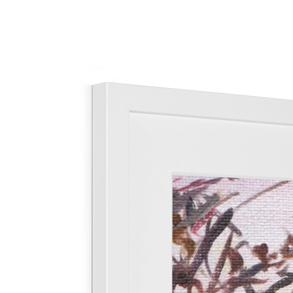 Snow Above Lunderston: white framed abstract art print in pink and purple hues
