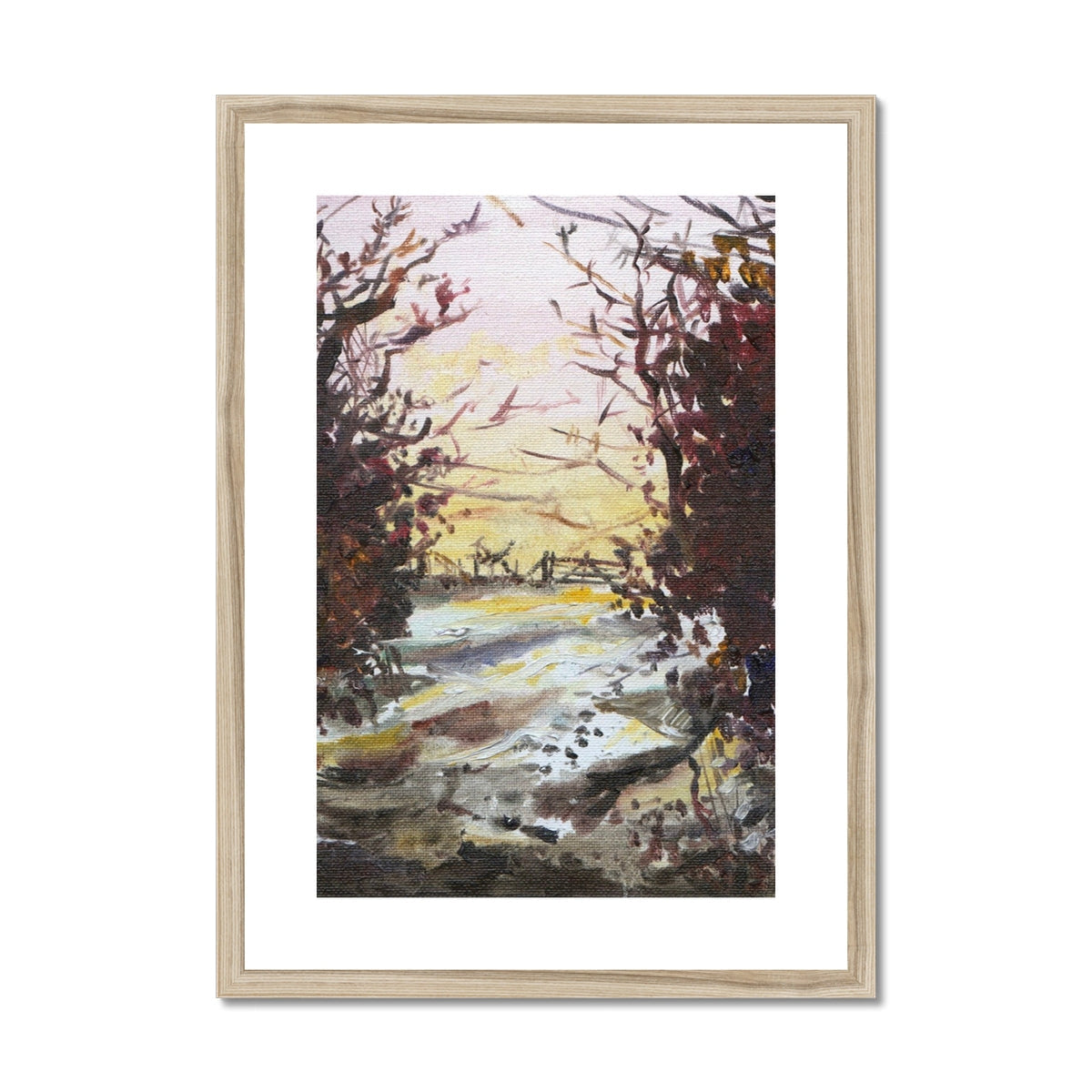 Wooden-framed watercolor Snow Above Lunderston landscape art print