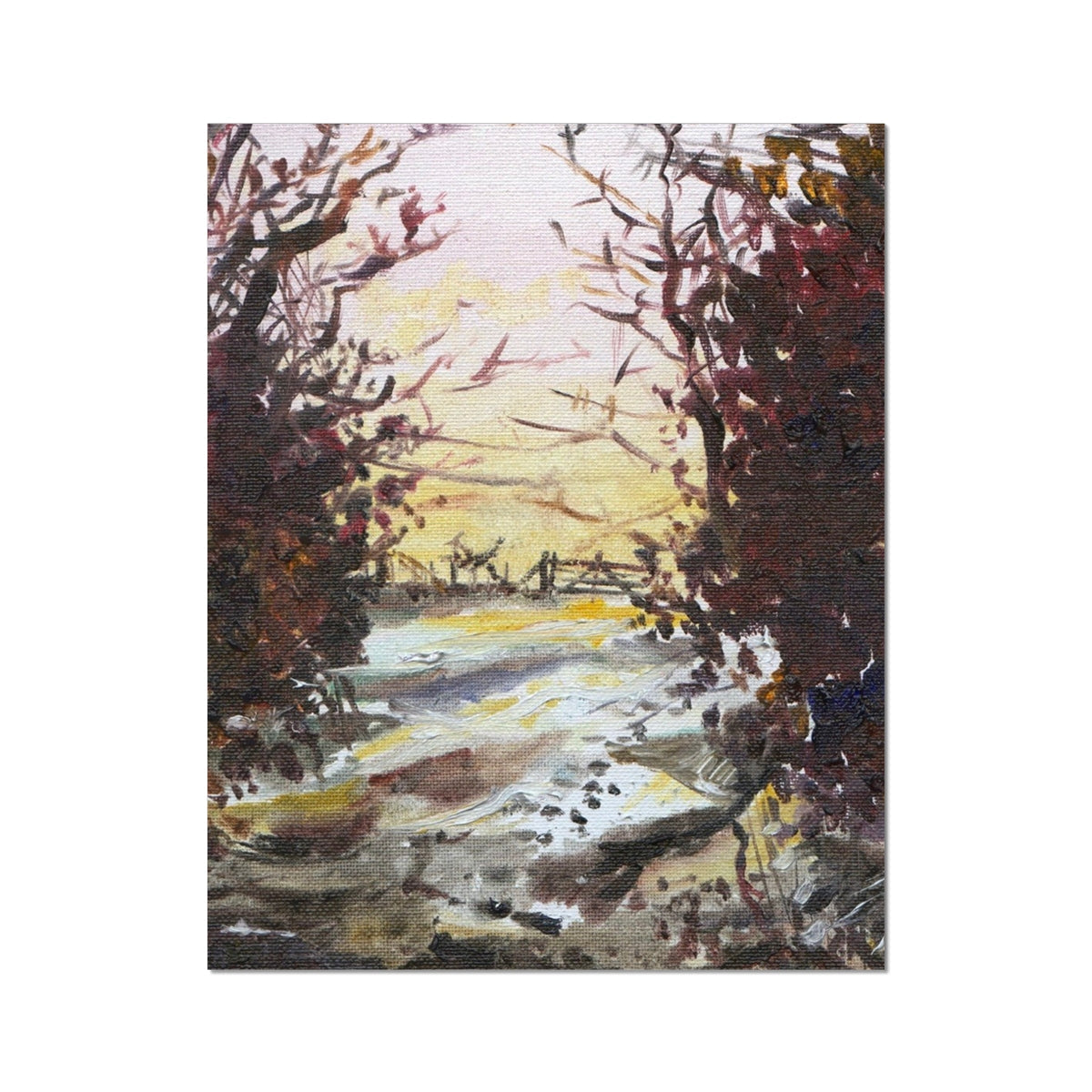 Winter landscape painting of snow-covered trees and river in muted earth tones, Snow Above Lunderston Artist Proof