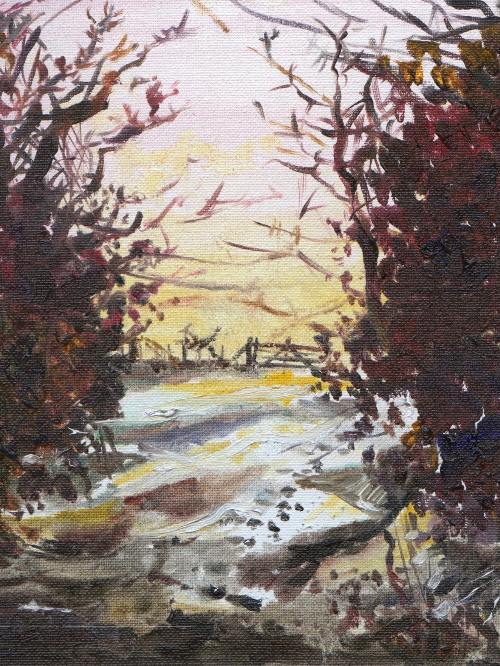Vibrant oil painting of a sunset-lit autumnal forest path in Snow Above Lunderston Original Painting