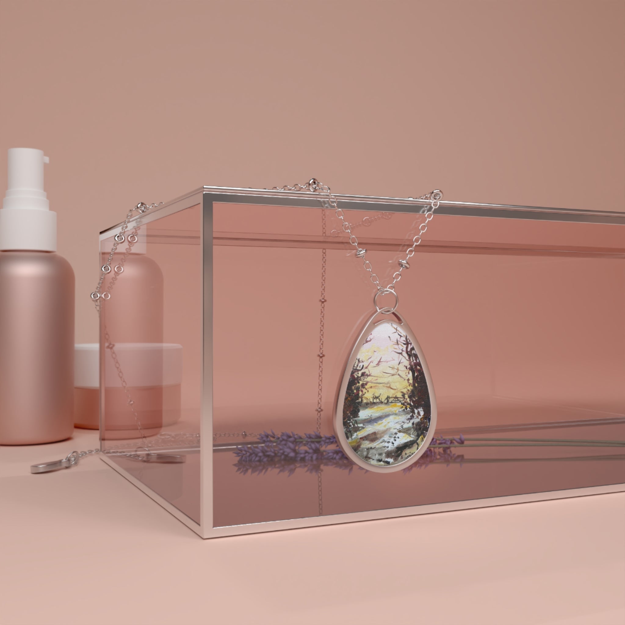 Teardrop-shaped pendant with a nature scene on a delicate silver chain from Snow Above Lunderston Scottish Art Jewellery