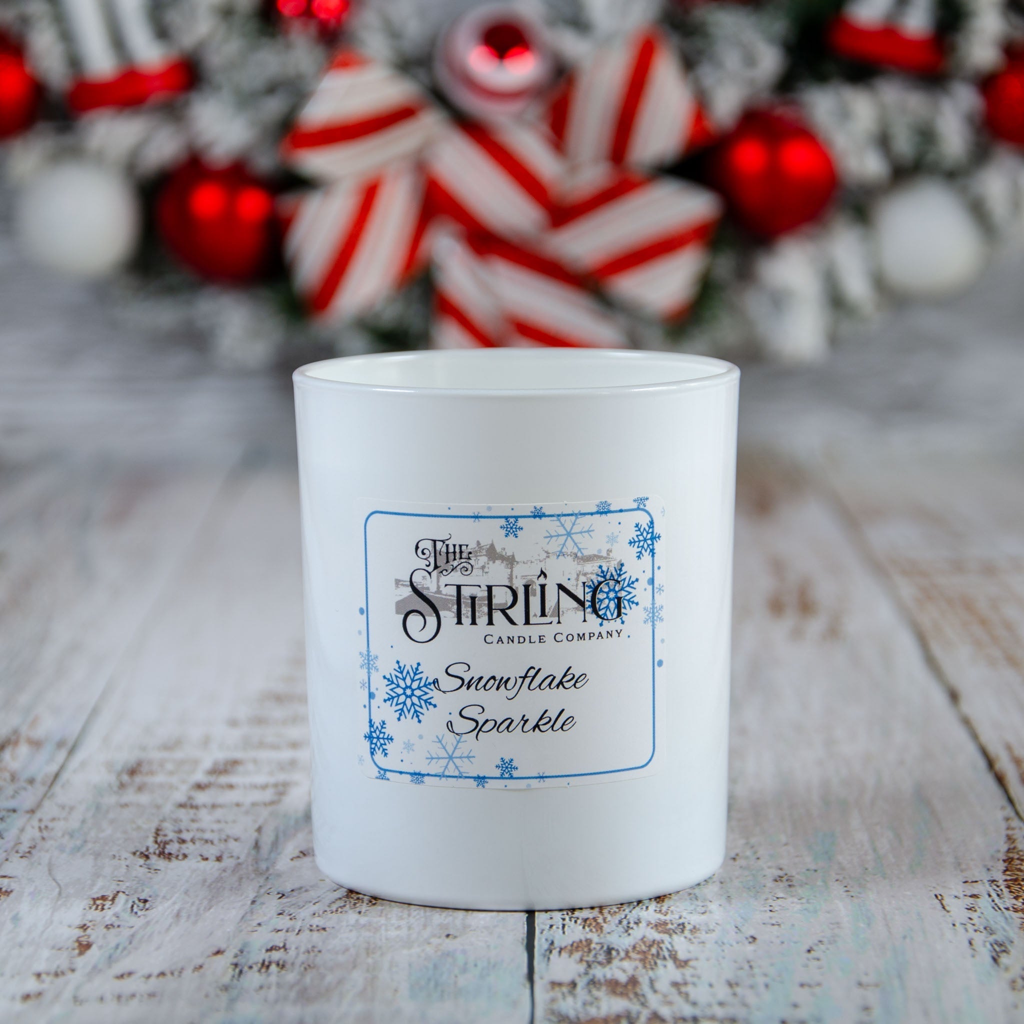 White ceramic jar with Snowflake Sparkle candle label from Stirling Candle Company