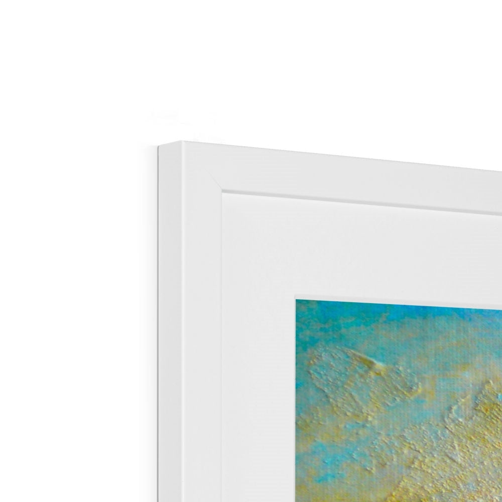 Sollas Beach North Uist art print in white frame with teal gold abstract