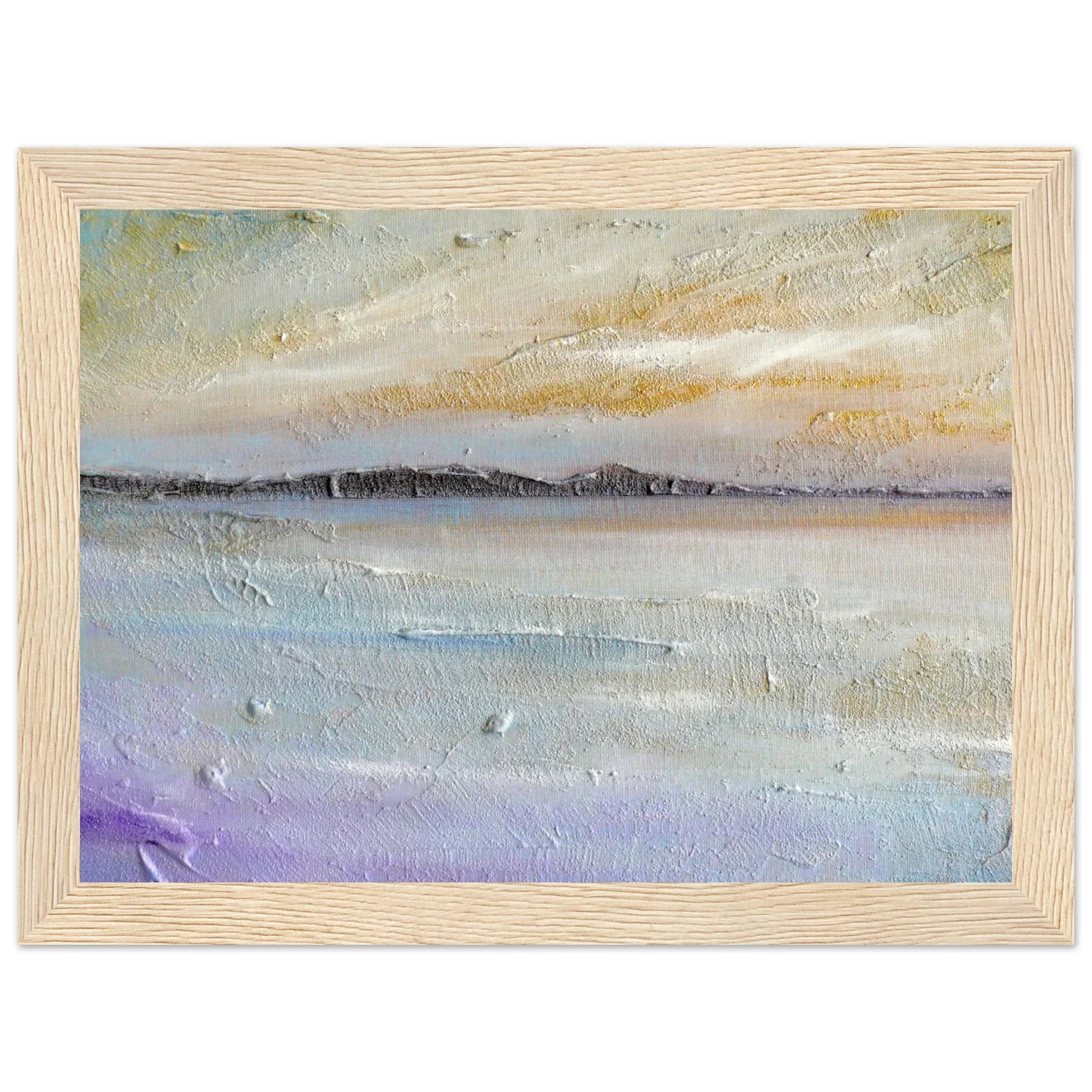 Serene abstract Sollas Beach painting in light wood frame, pastel hues