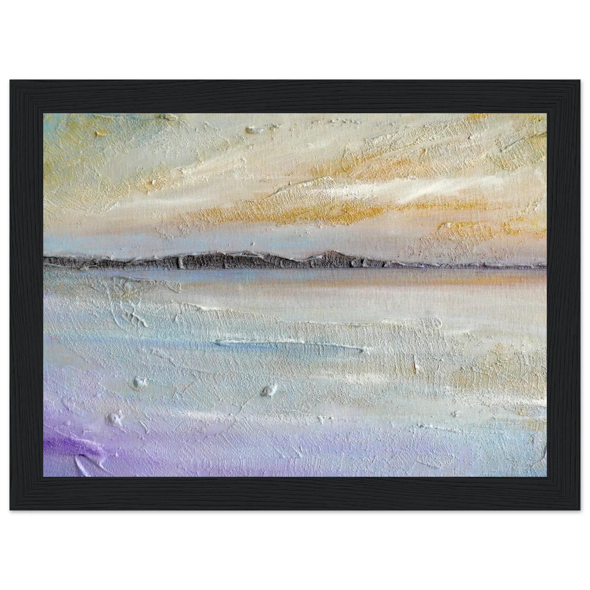 Black-framed abstract Sollas Beach painting in pastel lavender, cream, gold