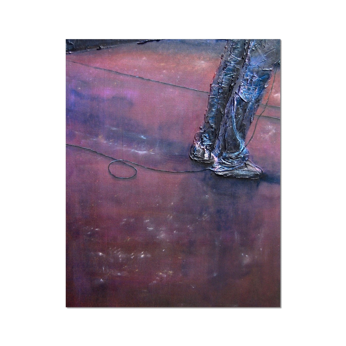 Textured metallic sculpture of legs in jeans and boots on reddish-purple surface, Soundcheck Glasgow Barrowlands Hahnemuhle etching print