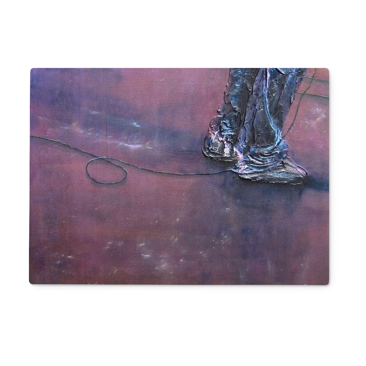 Textured silver-blue metallic boot sculpture on rust surface, Soundcheck Glasgow Barrowlands glass chopping board