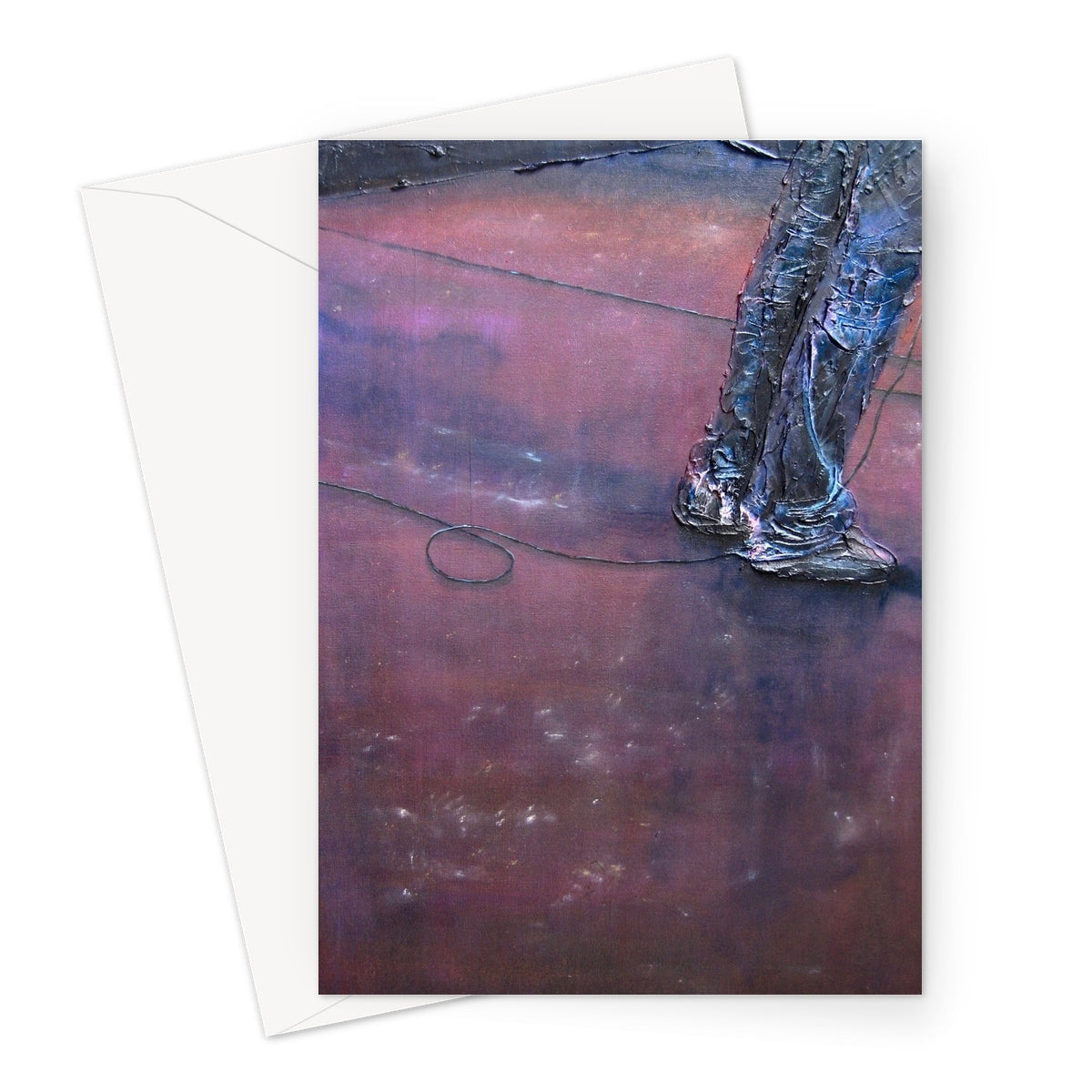 Textured metallic legs and boots sculpture on rust surface, Soundcheck Glasgow Barrowlands greeting card