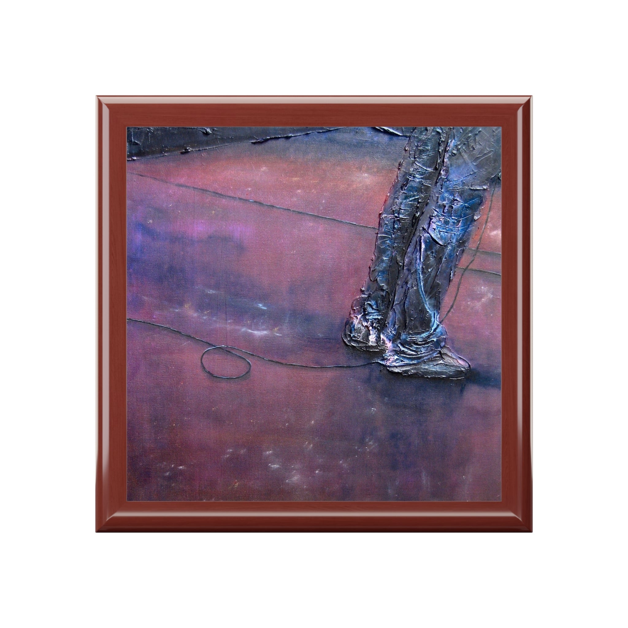 Square-framed metallic boots on purplish-red textured surface, Soundcheck Glasgow Barrowlands jewellery box