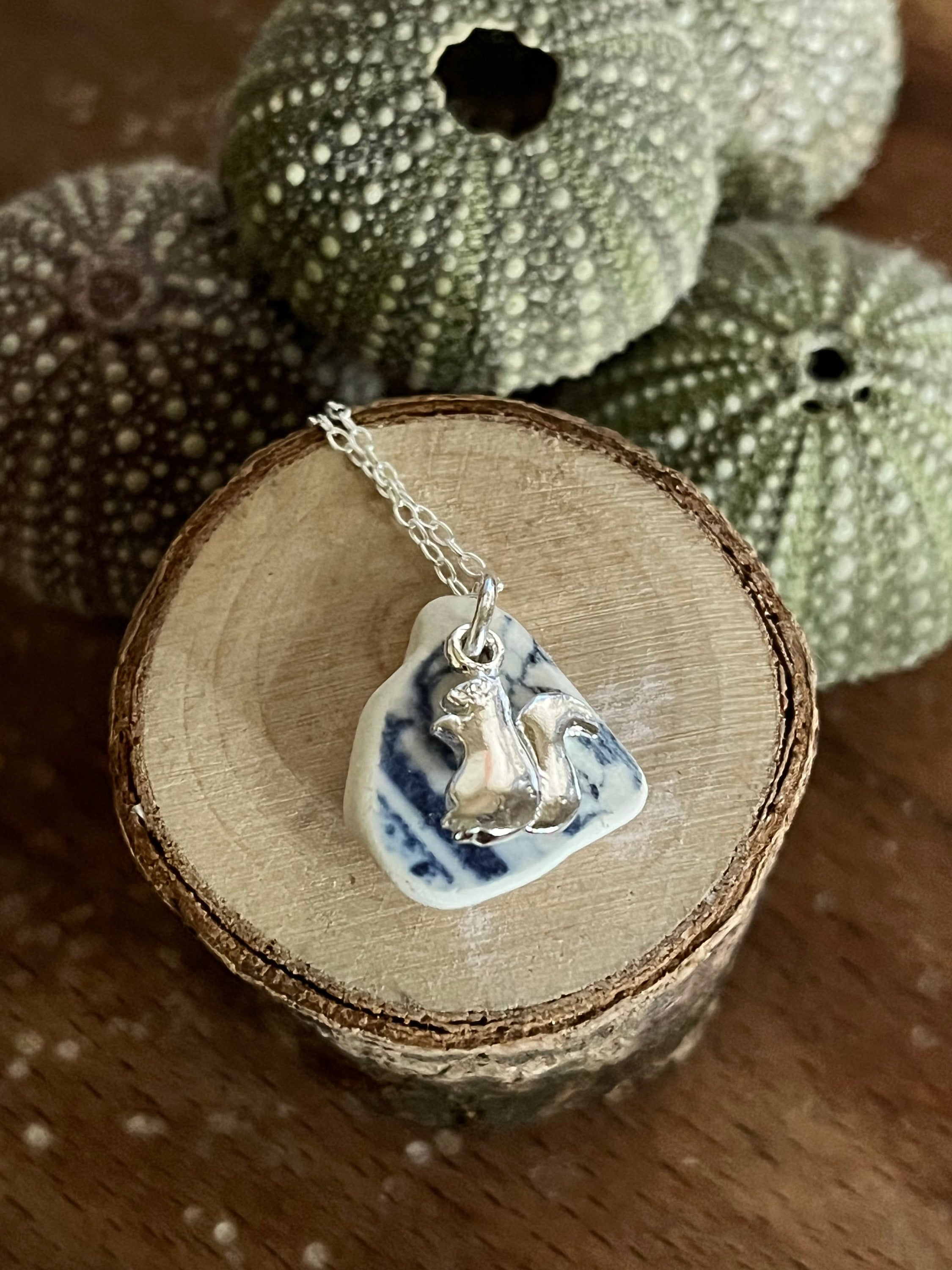 Silver squirrel pendant on blue and white sea pottery with silver chain for Squirrel Pendant 925
