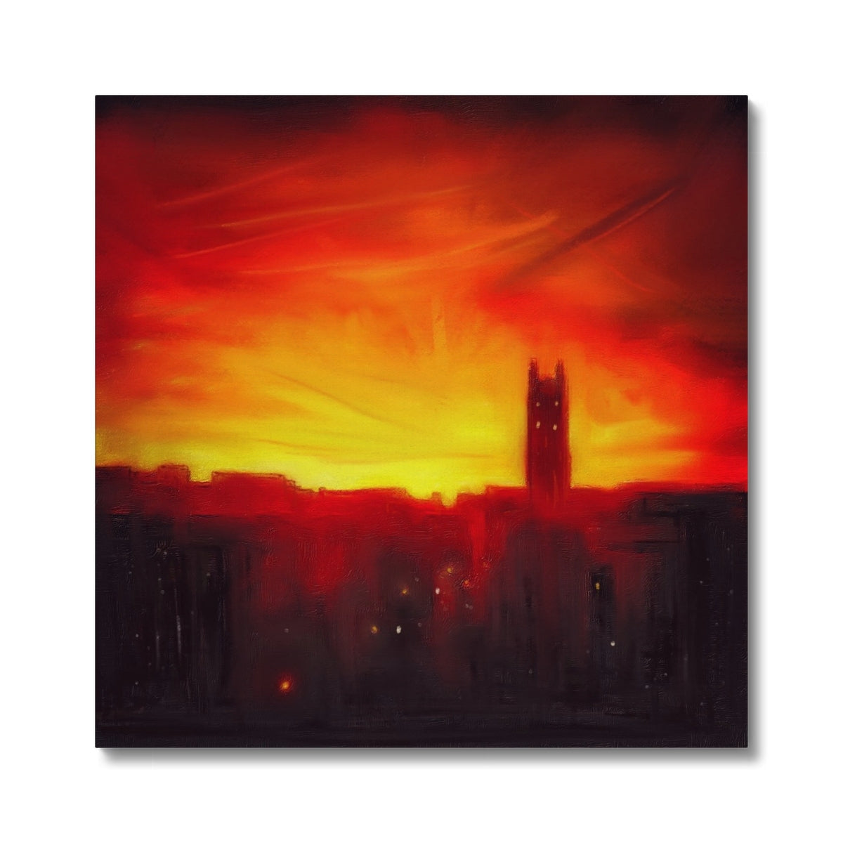 Vibrant red and orange sunset painting of silhouetted St. Stephen’s Church in Stockbridge on canvas