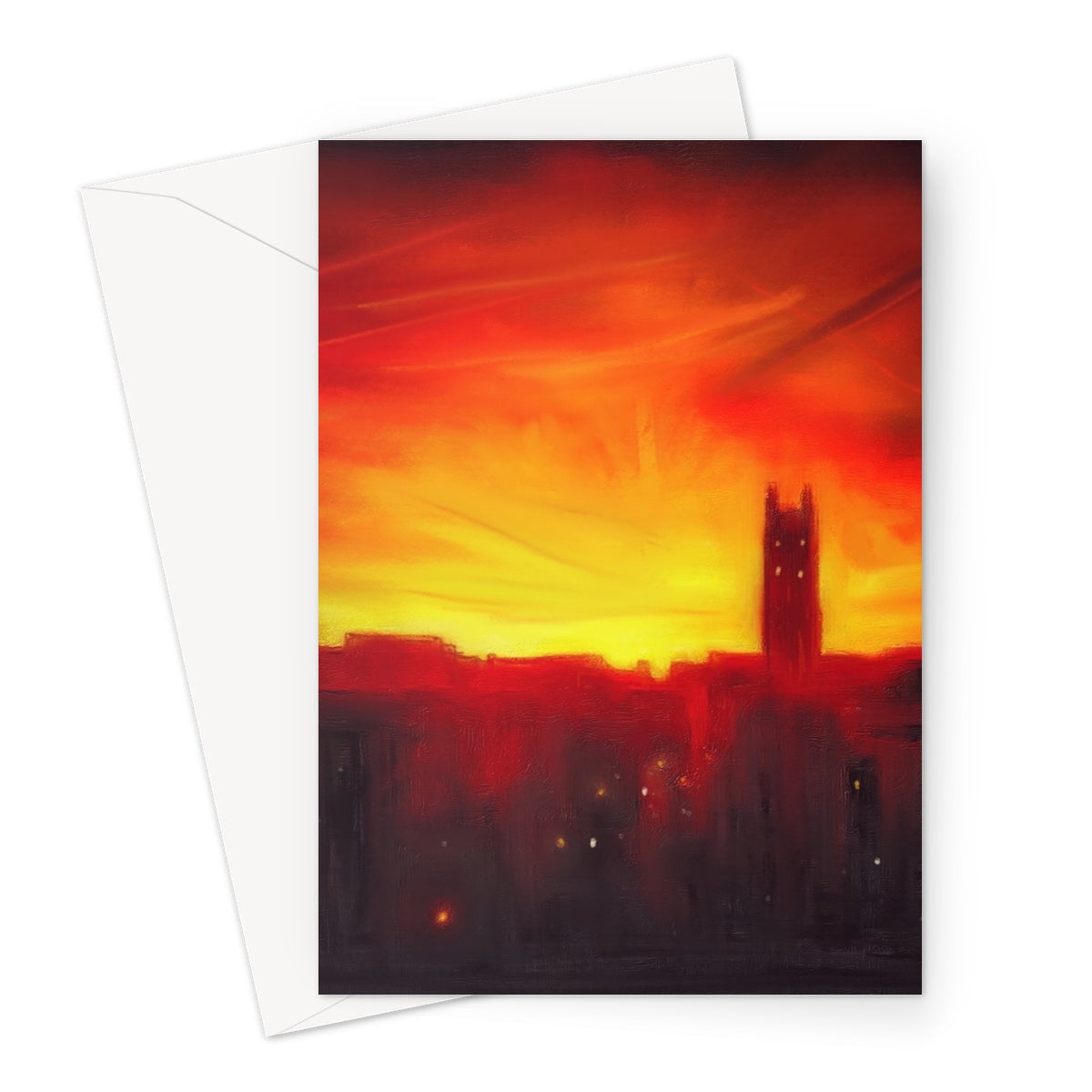 Vibrant red and orange sunset greeting card with silhouetted St Stephen’s Church in Stockbridge