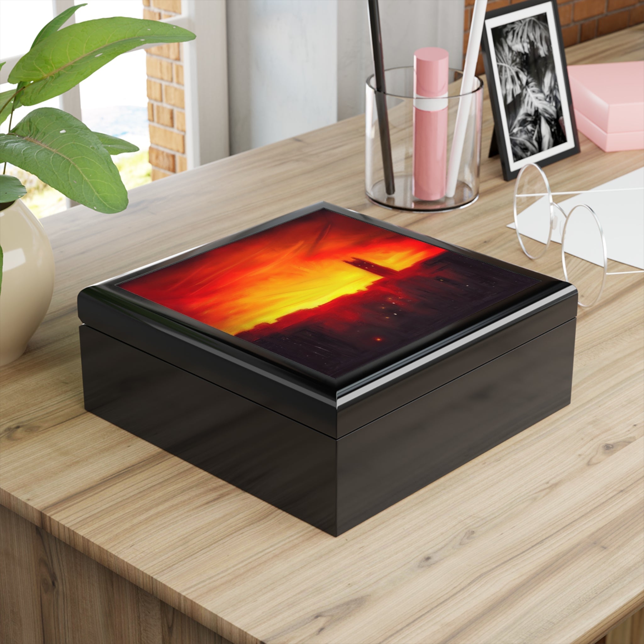 Black rectangular jewelry box with glossy sunset scene of St Stephen’s Church in Stockbridge, Scotland