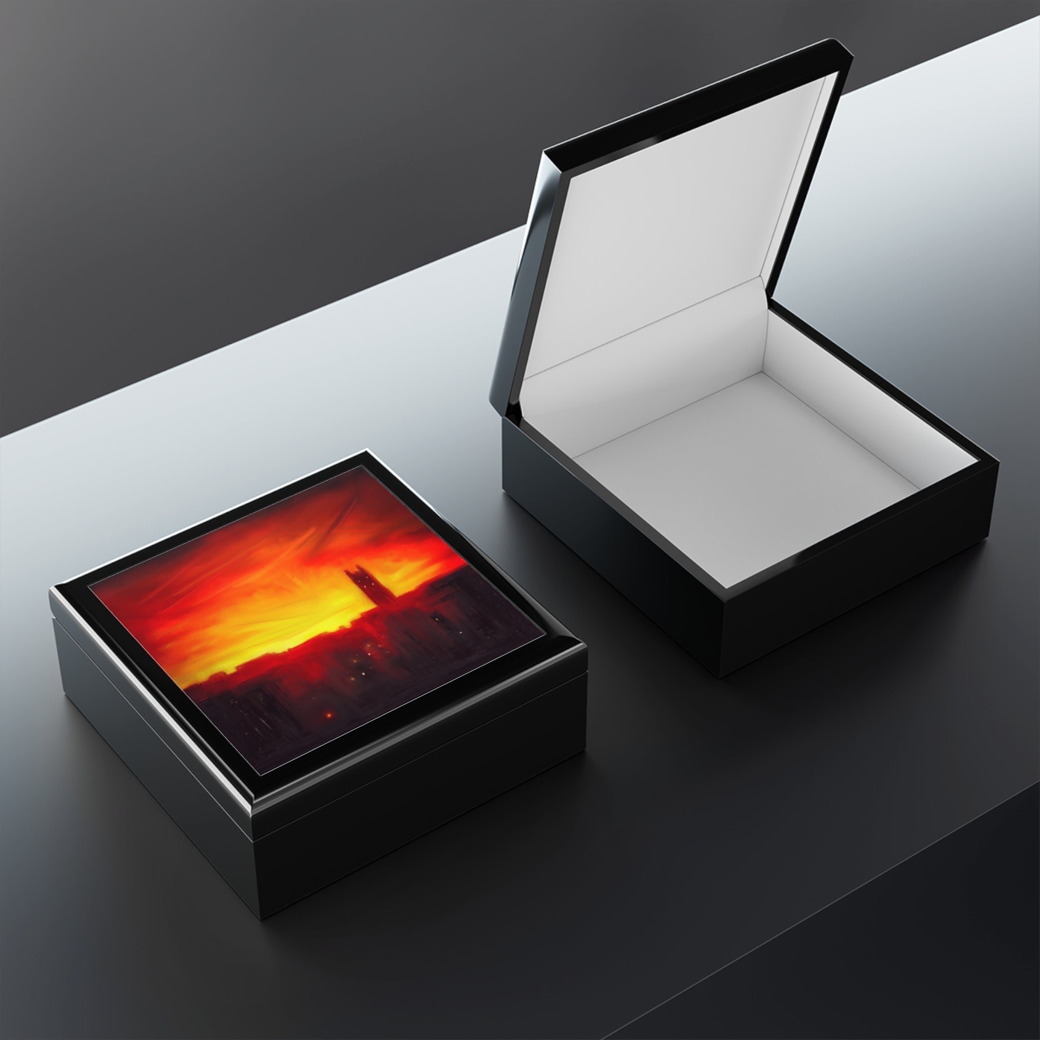 St Stephen’s Church sunset Stockbridge jewelry box, black with orange-red lid print