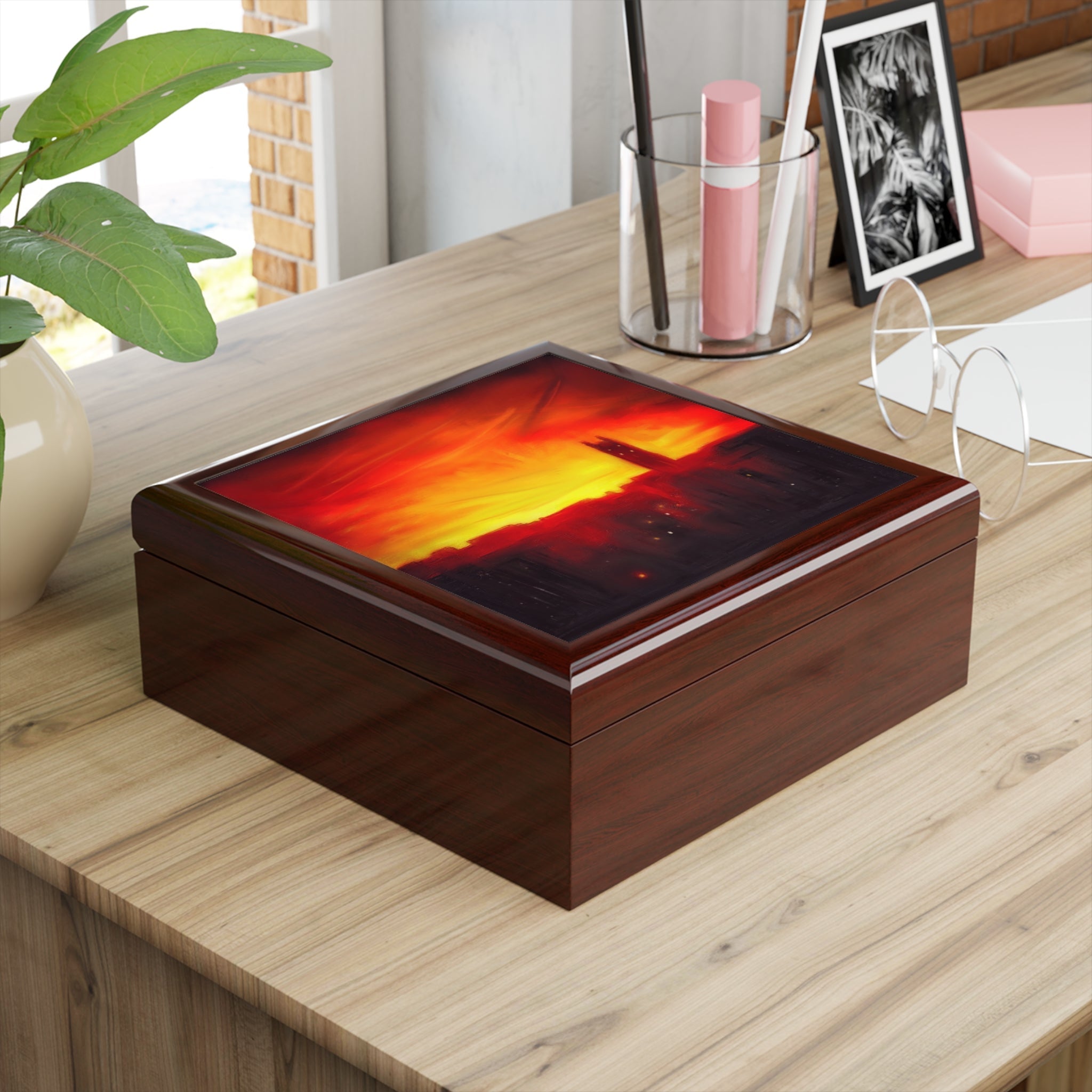 Dark brown wooden jewelry box with St Stephens Church sunset scene on lid