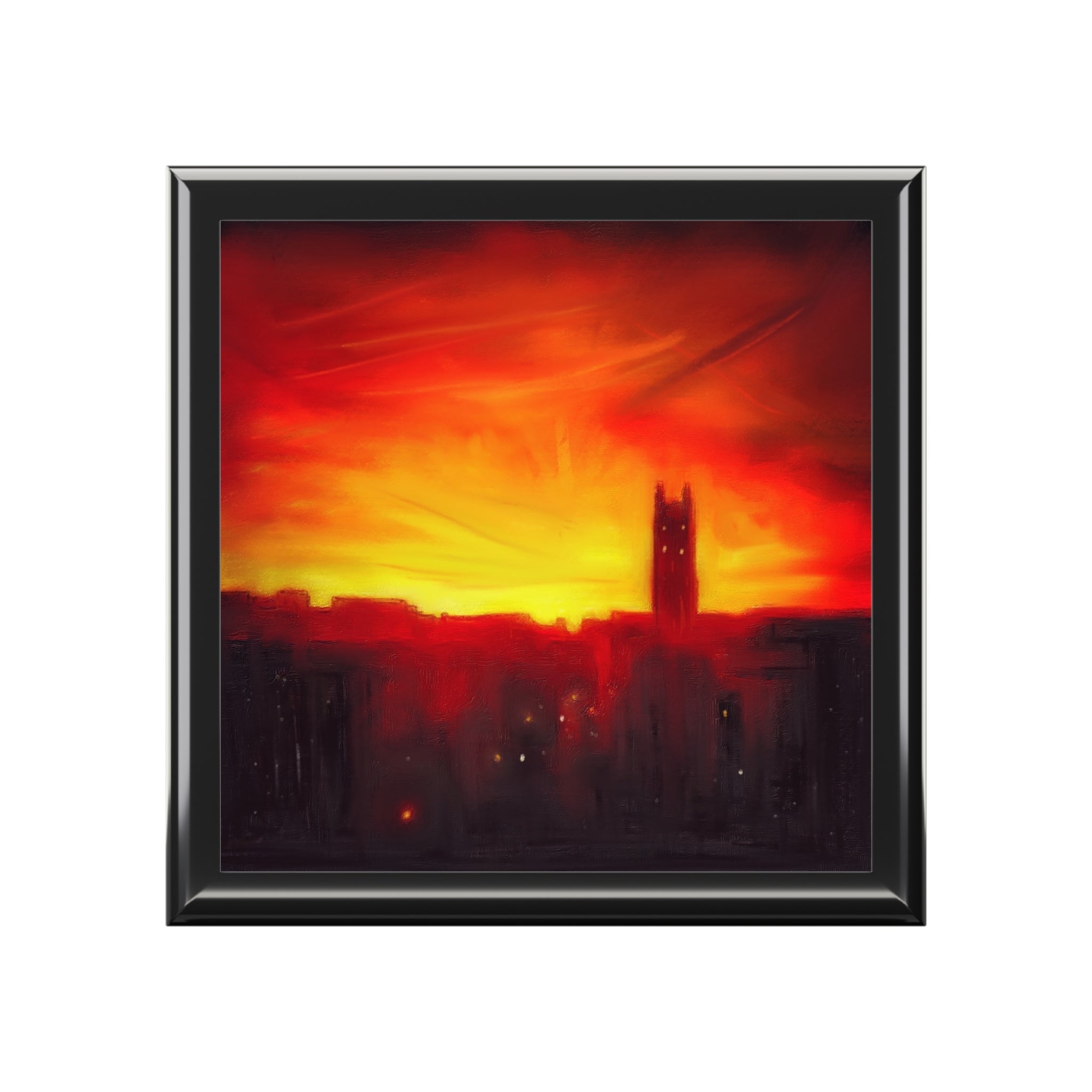 Black-framed square painting of St Stephen’s Church sunset in Stockbridge, Scotland