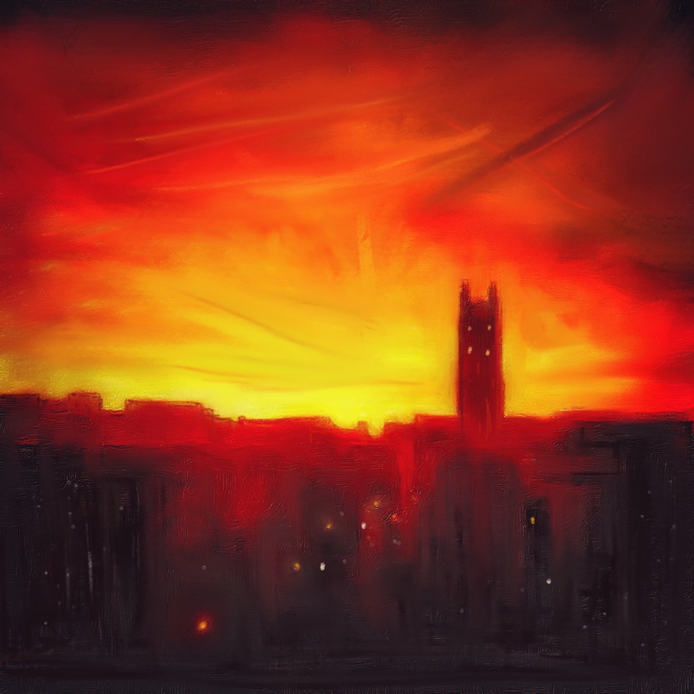 Fiery cityscape silhouette depicting St Stephen’s Church Sunset Stockbridge Original Painting