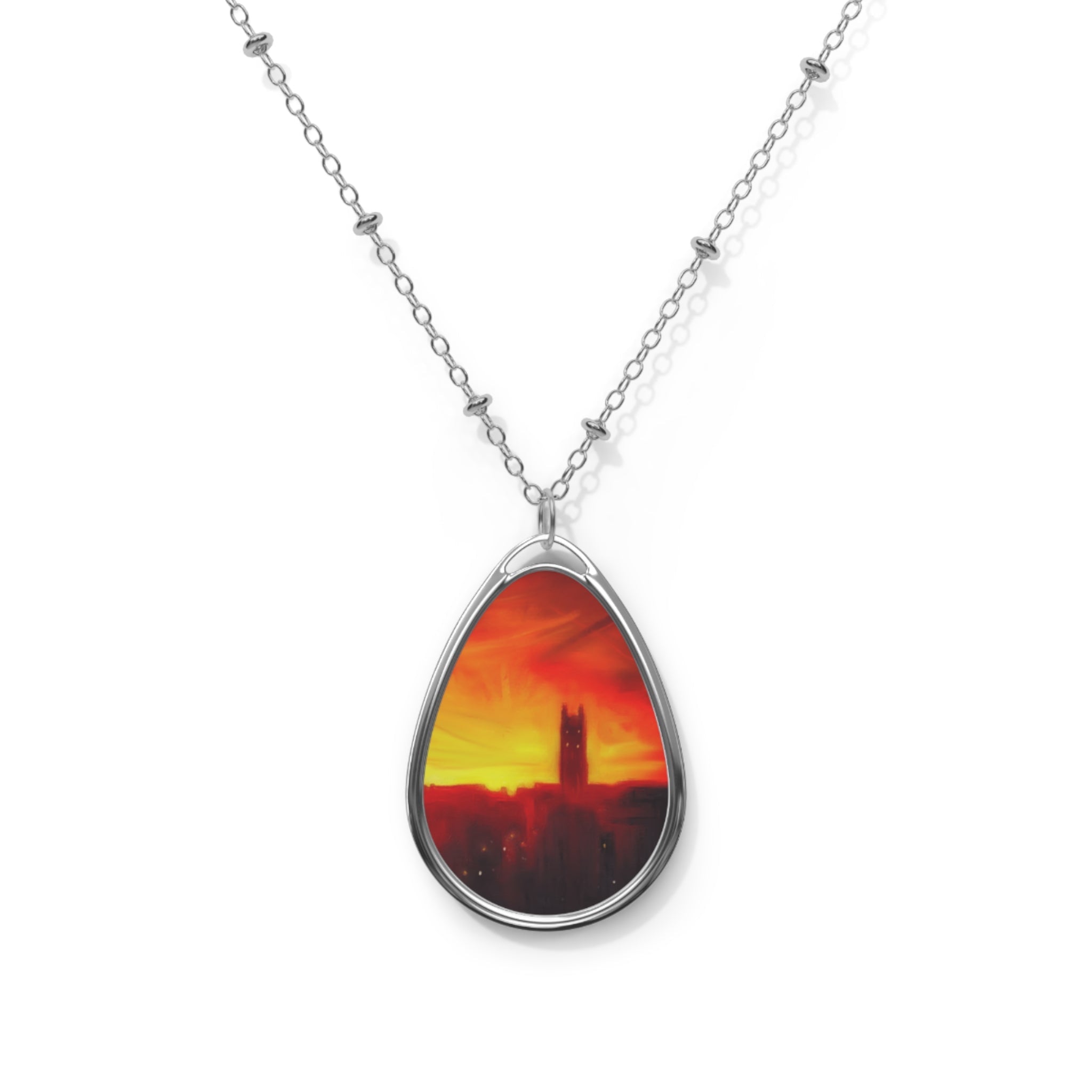 Silver teardrop pendant necklace with St Stephens Church sunset in Stockbridge