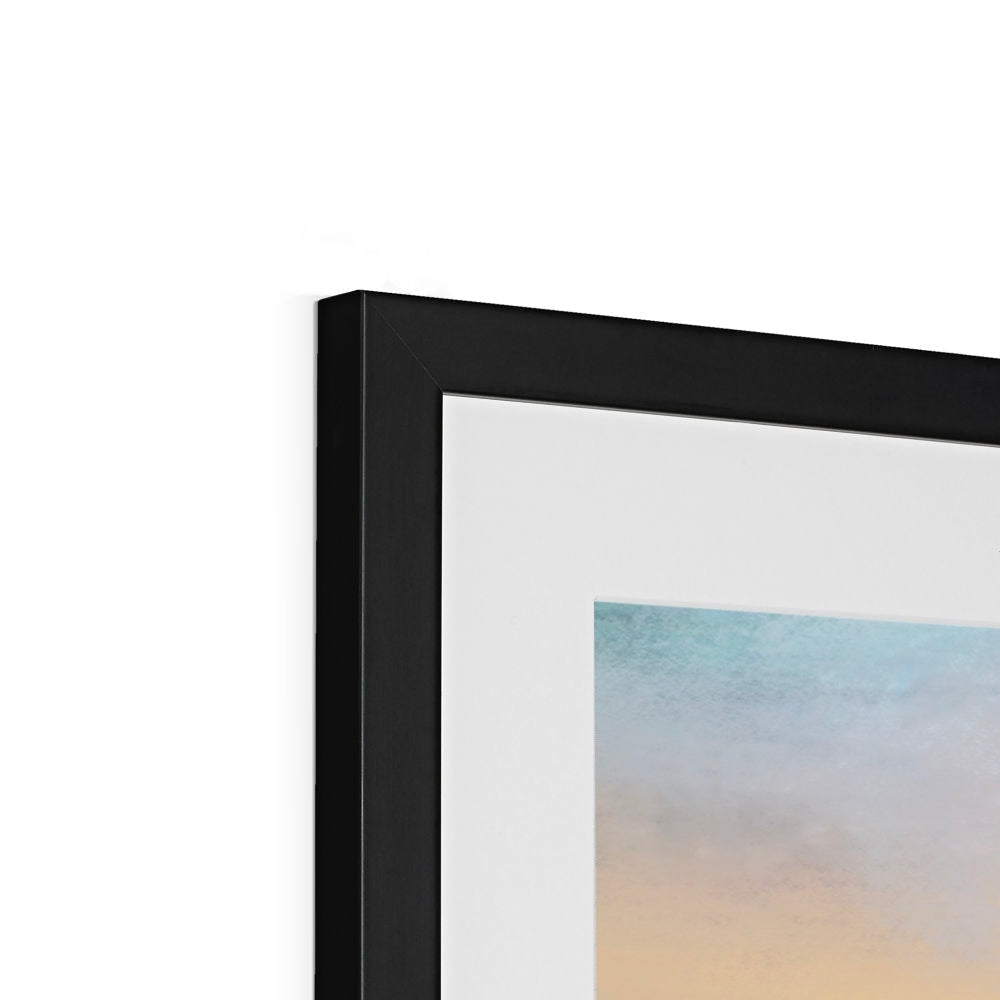 Stac Pollaidh Dusk minimalist abstract sky print in blue peach tones black frame