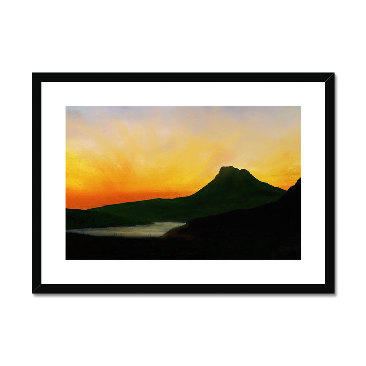Black-framed Stac Pollaidh Dusk print of serene sunset over silhouetted mountains and water