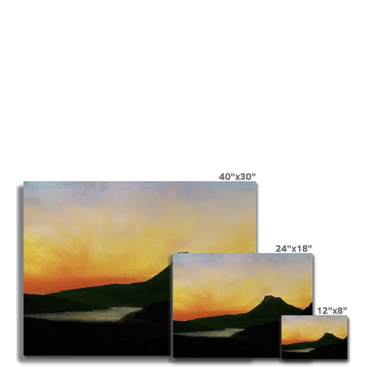 Stac Pollaidh Dusk Canvas: serene sunset landscape prints in 40x30, 24x18, 12x8 inches