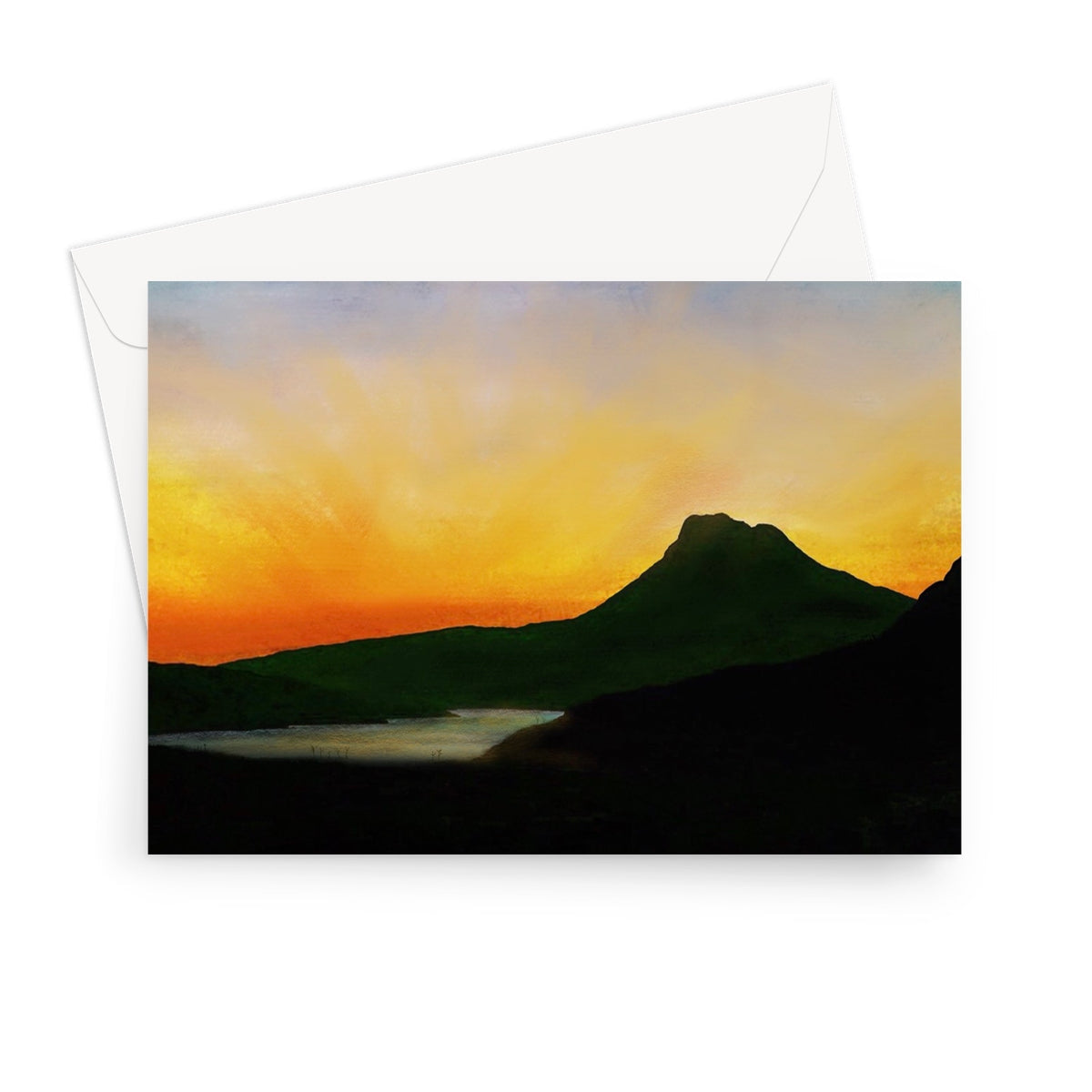 Stac Pollaidh Dusk greeting card with sunset over silhouetted mountains