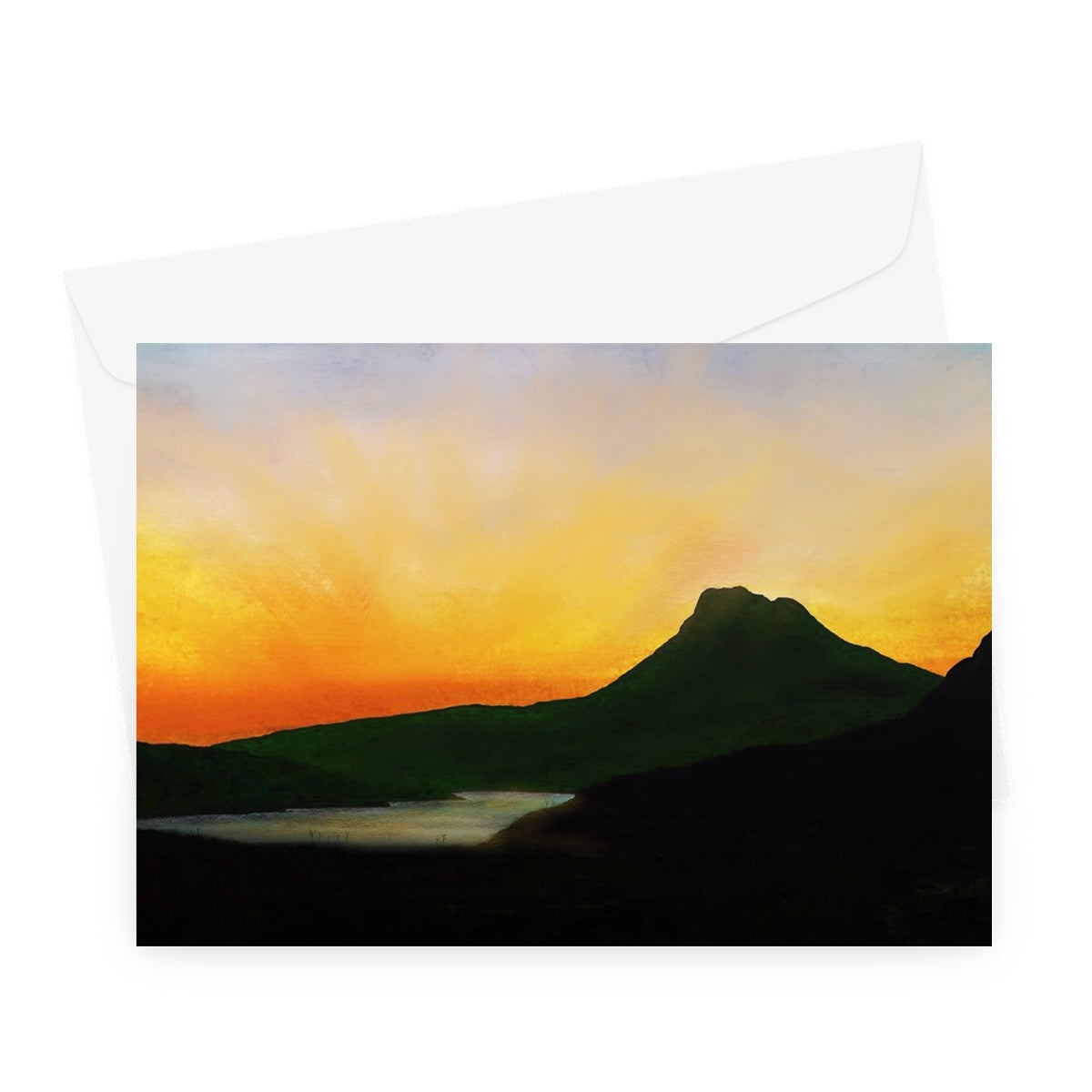 Stac Pollaidh Dusk greeting card with mountain silhouette at sunset