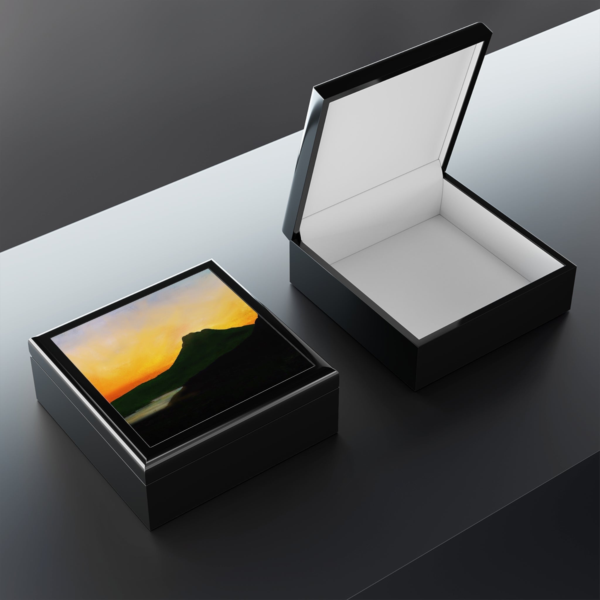 Stac Pollaidh Dusk black jewellery box with sunset lid, Scotland